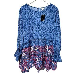 AVENUE Blue Boho Blouse Plus Size 20 Rayon Tunic Top Long Sleeve NWT